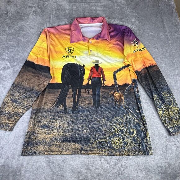 Ariat Polo Shirt Mens Extra Large Multicolor Sunset Western Graphic Long Sleeve - Picture 1 of 14